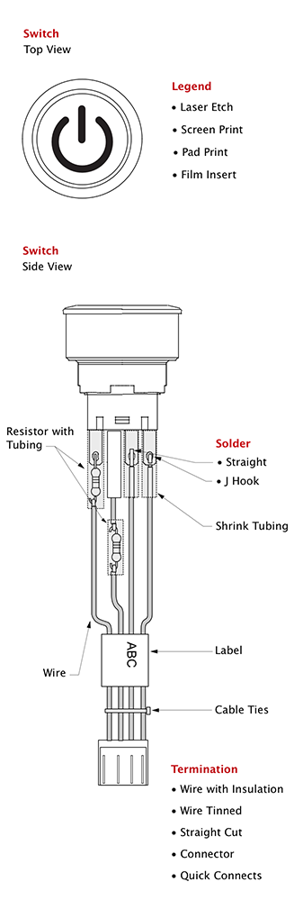 Custom switch legends, switch solders and wire terminations