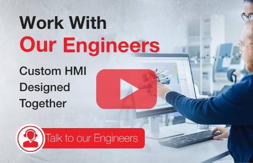 Engineer collaborating on interface design using NKK SmartDisplay switches, reviewing schematics and hardware integration in a well-lit workspace.