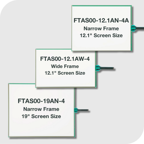 FT Series resistive touchscreen with printed FPC tails, shown in a flat-lay view highlighting tail orientation and interface connection points.