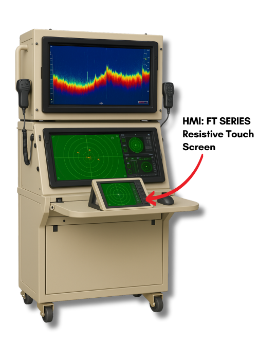 FT Series resistive touchscreen integrated into a dual-monitor radar display console, labeled to show positioning within a defense control system.