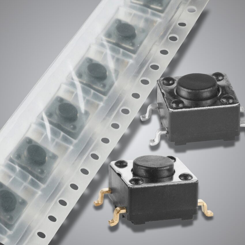 Tape-and-reel package containing HP03 ultra-miniature SMT tactile switches.