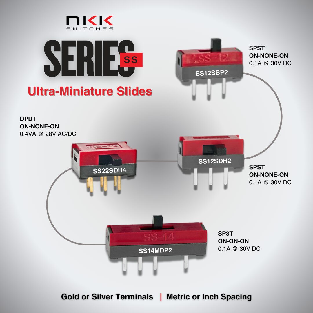 Technical drawing of an NKK FD02 right-angle mount DIP rotary switch, showing the profile with pins extending horizontally for PCB mounting.