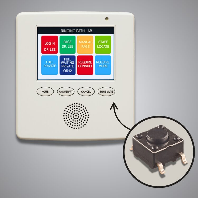 HP03 Series SMT tactile switch highlighted inside a nurse call wall-mounted system.