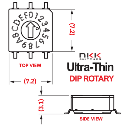 Technical drawing of an NKK ultra-thin DIP rotary switch, showing top and side views. The top view displays a circular dial labeled with positions 0–9 and A–F, inside a 7.2 mm square outline. The side view shows a 3.1 mm thin profile with four pins visible on each side.