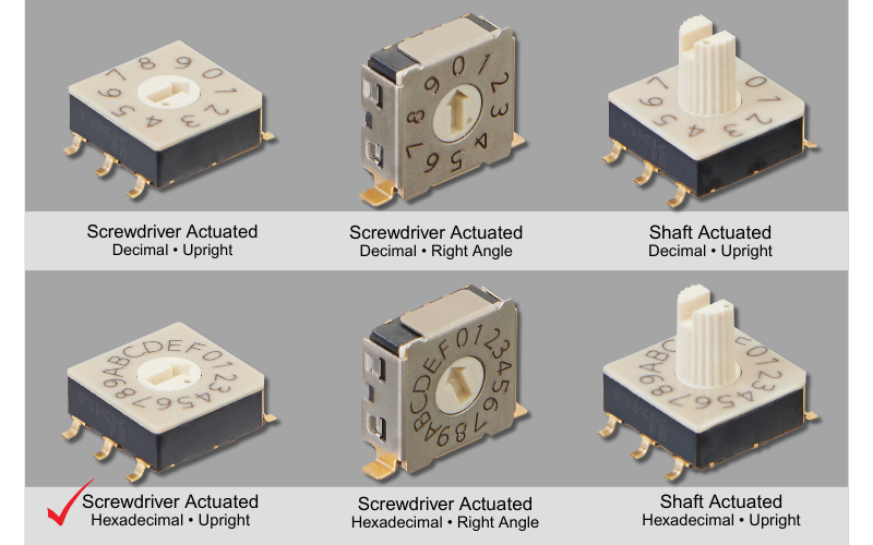 Photo comparison of six NKK DIP rotary switches. Top row shows screwdriver actuated decimal upright, screwdriver actuated decimal right angle, and shaft actuated decimal upright. Bottom row shows screwdriver actuated hexadecimal upright (highlighted with a red check mark), screwdriver actuated hexadecimal right angle, and shaft actuated hexadecimal upright.