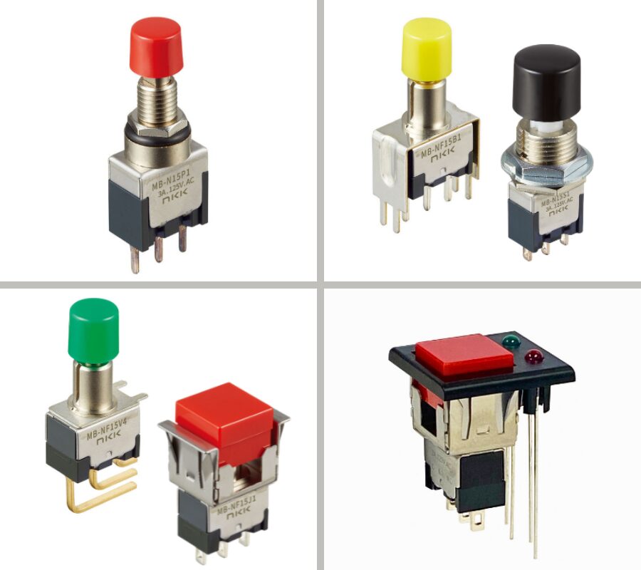 NKK M Series miniature pushbutton switches displaying multiple actuator styles, cap sizes and colors, splashproof bushing, multiple mounts, and PCB terminal configurations.