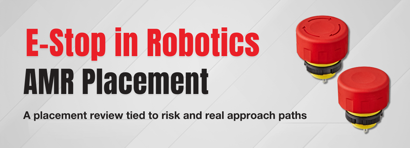Red emergency stop pushbutton shown alongside the headline “E-Stop in Robotics: AMR Placement,” with subtext referencing placement tied to risk and real approach paths, presented on a light gray technical background.