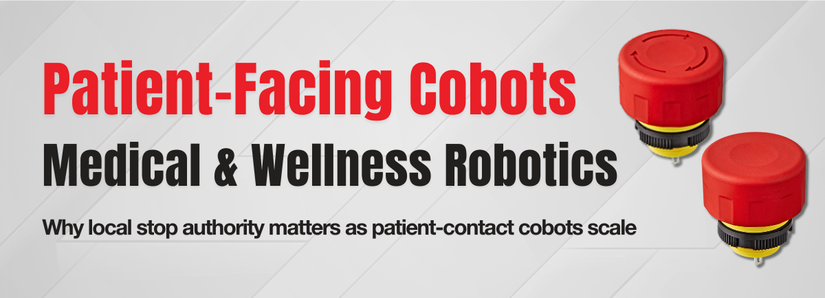 Red emergency stop pushbutton shown alongside the headline “E-Stop in Robotics: AMR Placement,” with subtext referencing placement tied to risk and real approach paths, presented on a light gray technical background.