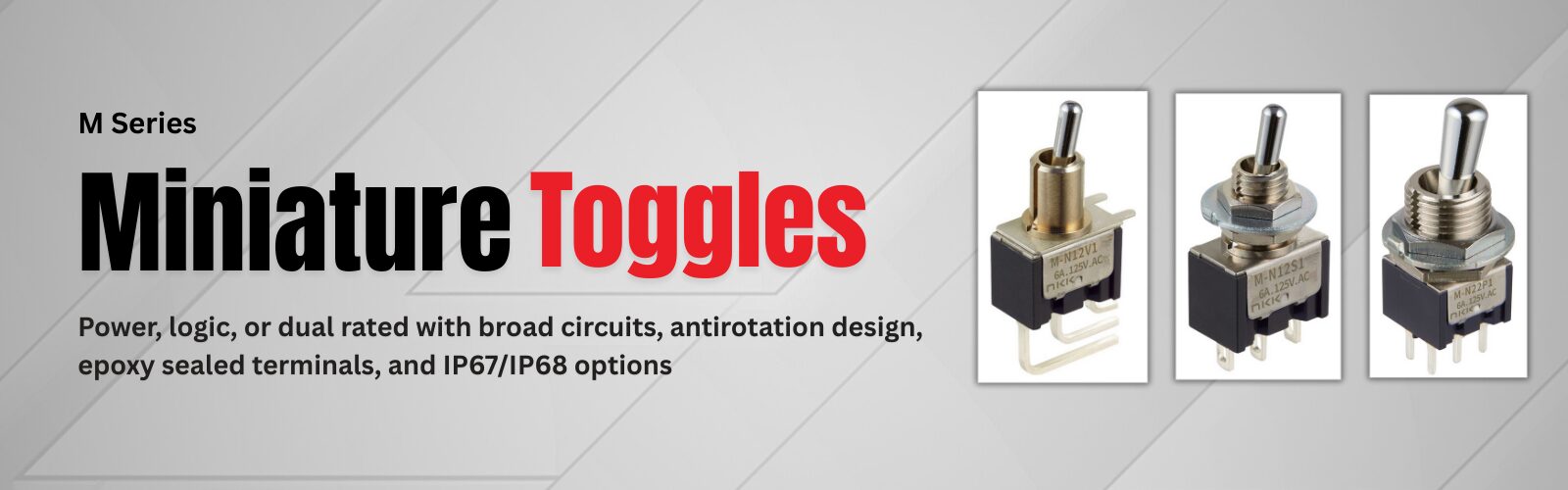 NKK M Series miniature rocker switch diagram showing actuator styles, frame options, and typical configurations