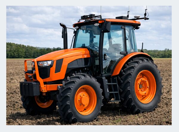 Orange farming tractor with retrofitted robotics on top of the cab. An emergency stop switch is used on the control panel mounted in the cab.