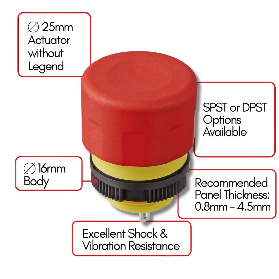 Close-up of a red emergency stop pushbutton mounted on a panel, shown as a physical hardware example.