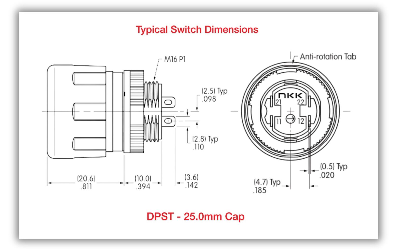 Technical drawing labeled “Typical Switch Dimensions” showing side and rear views of a DPST emergency stop switch with a 25.0 mm cap, including M16 P1 threaded bushing, anti-rotation tab, terminal layout, and dimensional callouts in millimeters and inches.
