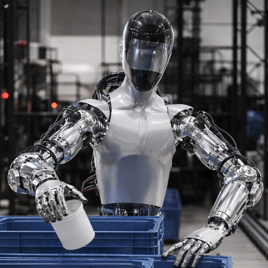 Humanoid robot shown in an automation environment, illustrating human-adjacent operation where emergency stop button (E-Stop switch) access must remain immediate.