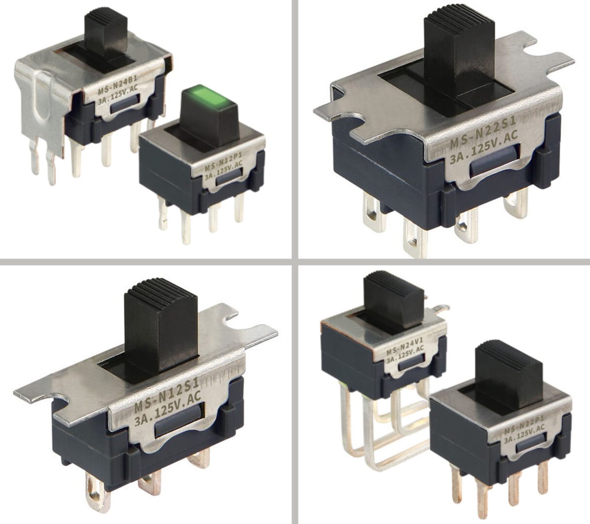 NKK M Series miniature toggle switches showing multiple actuator styles, lever widths, mounting options, and finish variations.