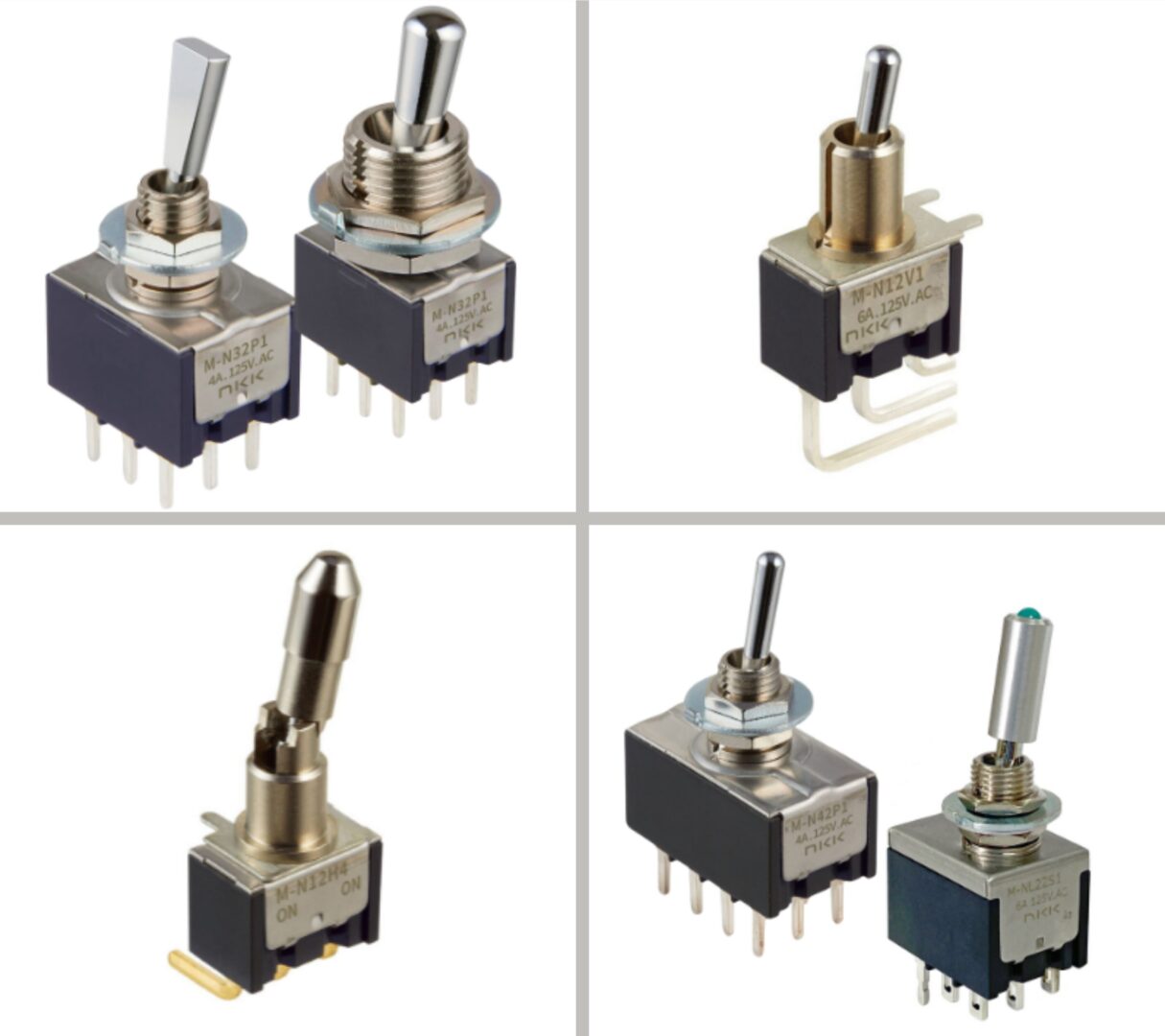 NKK M Series miniature toggle switches showing multiple actuator styles, lever widths, mounting options, and finish variations.