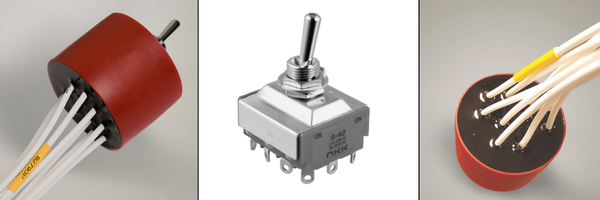 Three views of an NKK S Series toggle switch assembly showing a red epoxy-potted base with a wire harness, a front view of the metal toggle switch, and the underside with multiple wire connections.