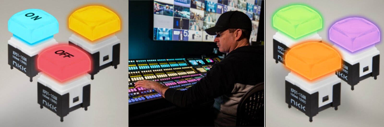 KP Series RGB illuminated pushbutton switches with colored caps shown alongside a broadcast operator using a video production control surface.