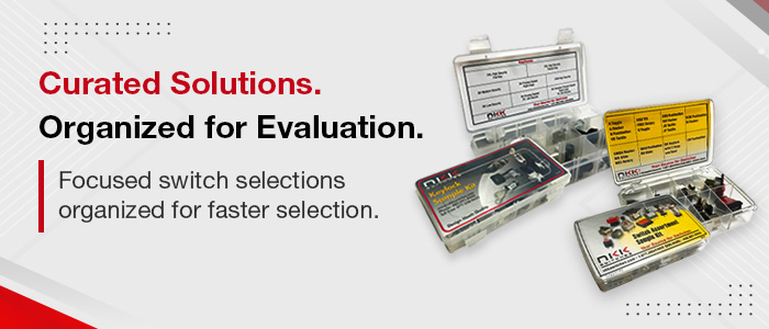 Promotional graphic for NKK Switches sample kits. The image features multiple labeled evaluation kits containing assorted switches organized in clear plastic cases. Headline text reads, 